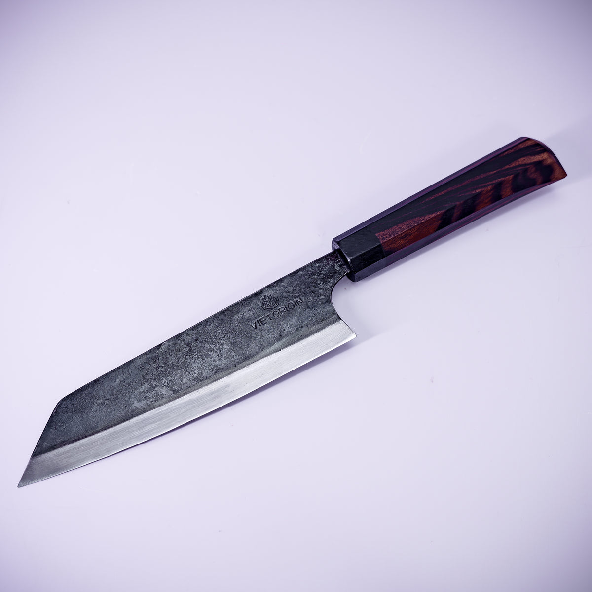 Handmade carbon steel bunka knife with ebony handle, 170 mm blade