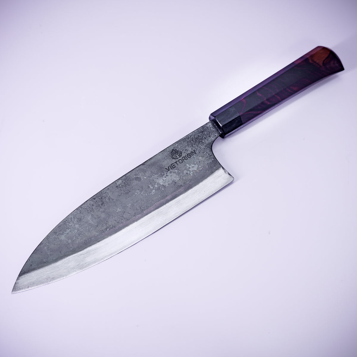 Handmade carbon steel chef knife with ebony handle, 200 mm blade