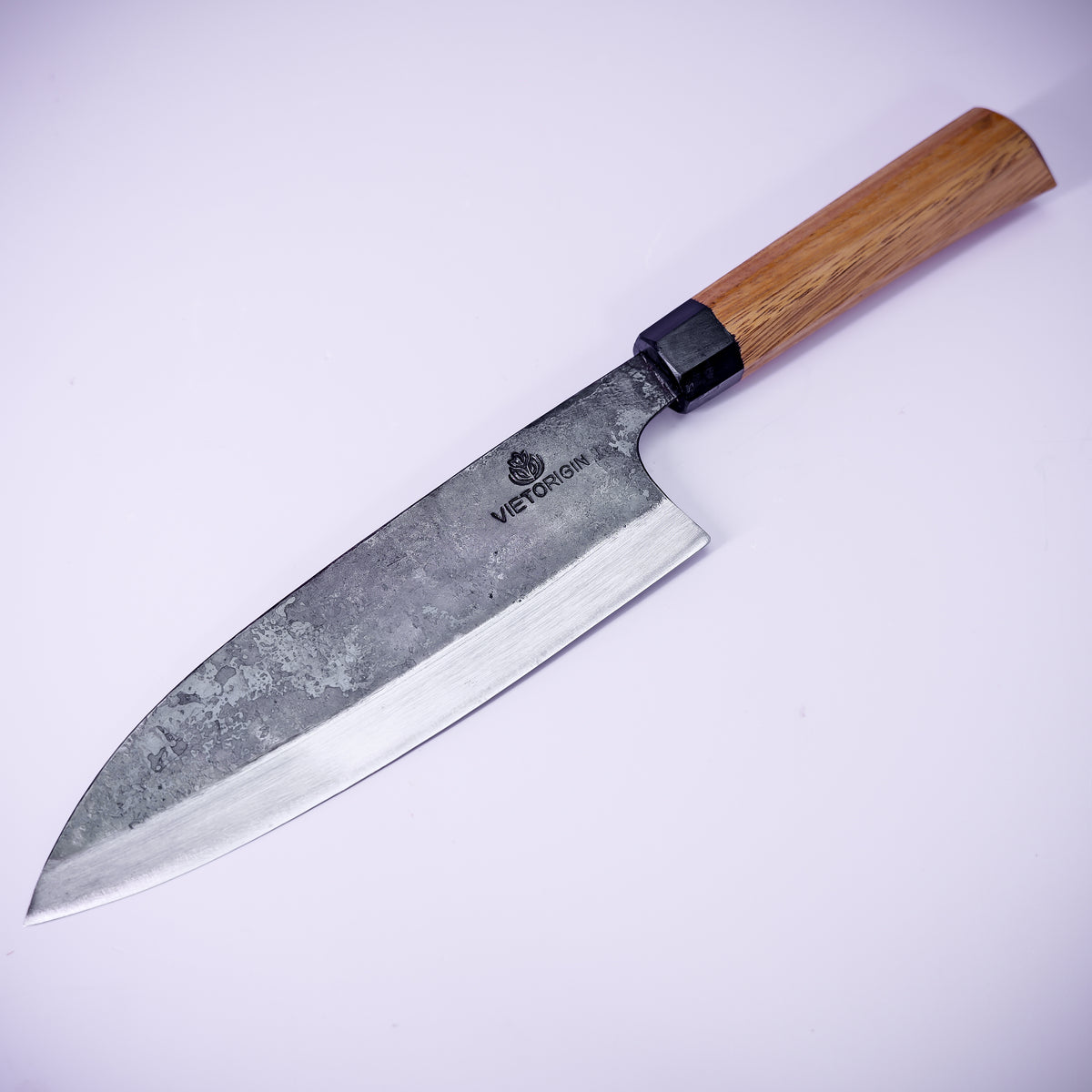 Handmade carbon steel chef knife with ironwood handle, 200 mm blade