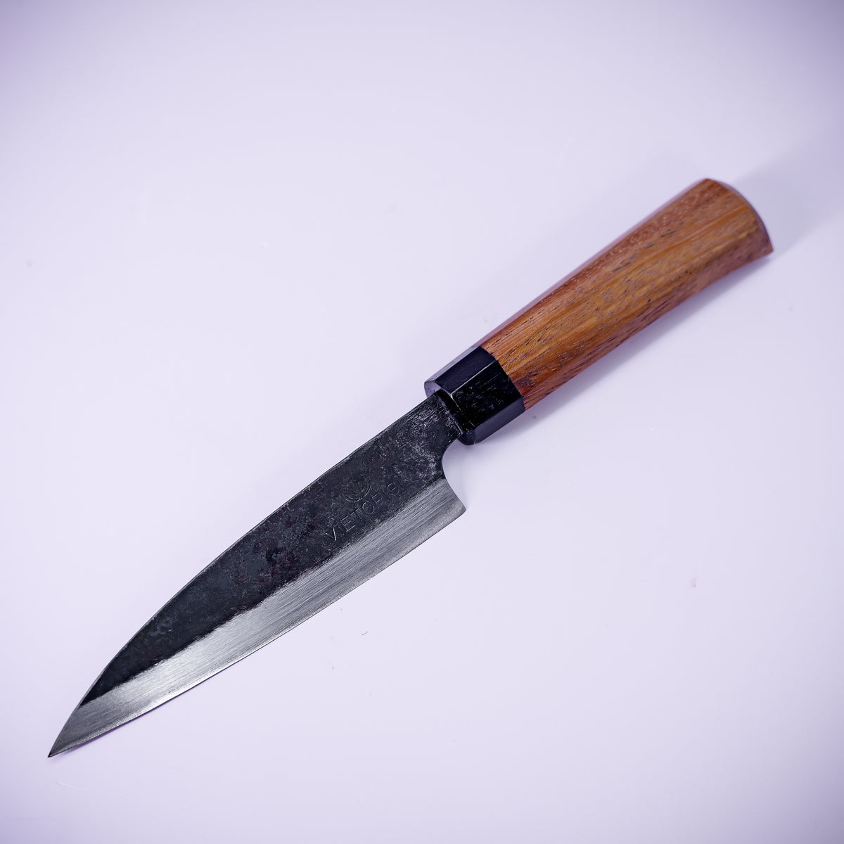 Handmade carbon steel petty knife with ironwood handle, 130 mm blade